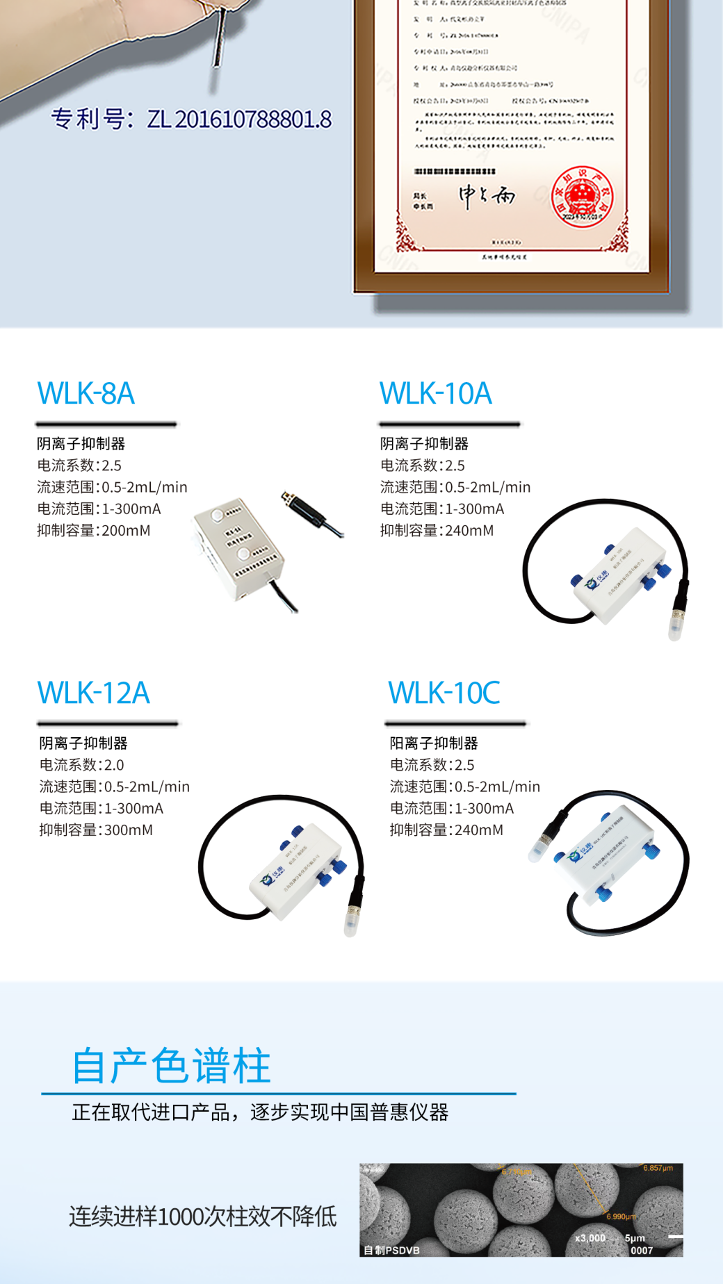 RPIC-2017离子色谱标配动态量程电导检测器WLK-8免维护抑制器离子色谱柱