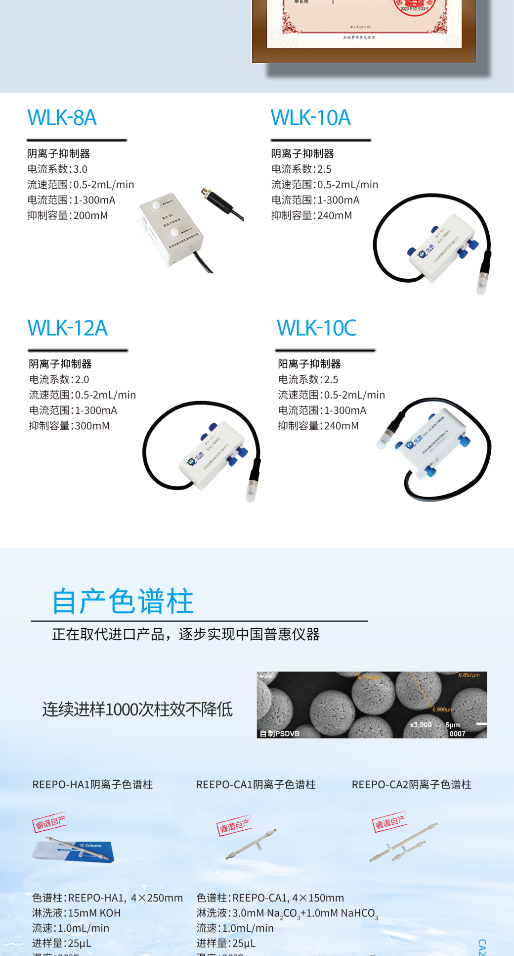 RPIC-2017离子色谱标配动态量程电导检测器WLK-8免维护抑制器离子色谱柱